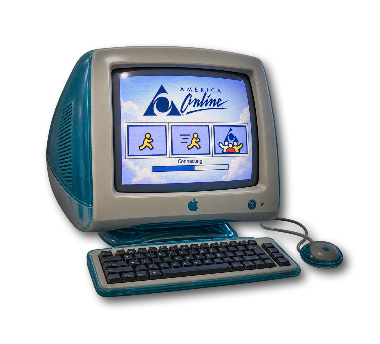 Retro iMac connecting to America Online, representing the simpler, more personal feeling of being online in the 90s.