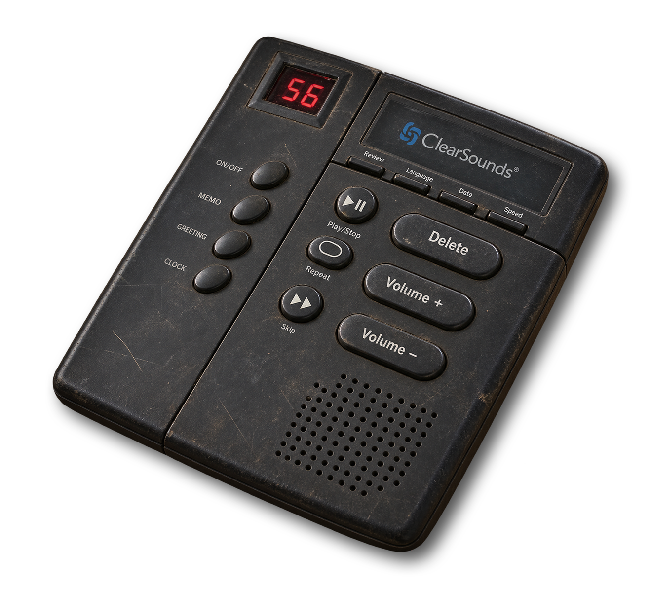 Vintage answering machine displaying 56 messages, representing Phresh’s short voicemail feature for staying connected with your Krew.