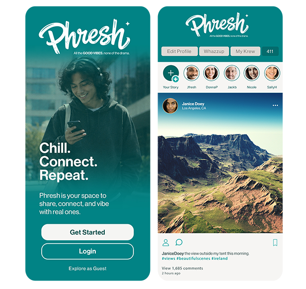Preview of the Phresh app featuring a social feed designed for real friendships, meaningful conversations, and connecting with your Krew.